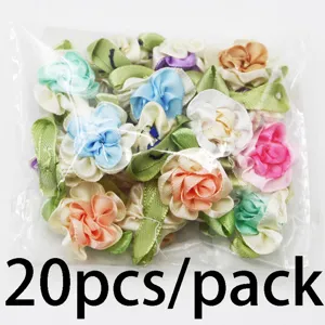 20 pcs fleurs en tissu avec feuilles vertes, appliques florales faites main pour couture DIY.