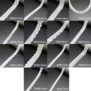 White elastic lace trim detail shot, perfect for DIY sewing, clothing and home decor projects.