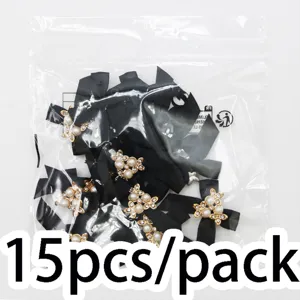 Appliques de nœud ruban noir avec perles strass accessoires de vêtements DIY 15pcs par pack