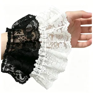 Black and white pleated lace wrist cuffs vintage false sleeves gothic Lolita accessories.