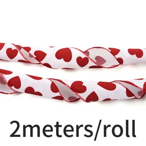 Valentines red heart ribbon detail view, 6.3cm width fabric for gift wrapping and DIY crafts.