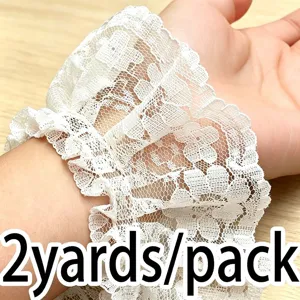 Close-up of white pleated lace trim, 6cm wide, soft texture for DIY sewing crafts details.