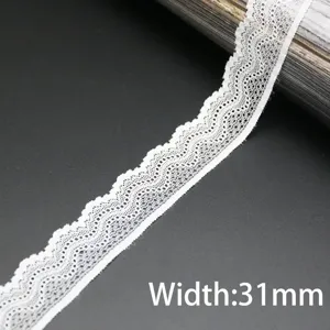 White elastic lace trim detail, 31mm width, perfect for sewing, garment accessories and DIY crafts.