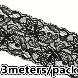 Black elastic lace trim, detail view, 3 meters per pack, perfect for DIY sewing.