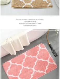 Soft absorbent tufted bath mat with geometric trellis pattern for bathroom decor.