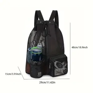 Black mesh drawstring backpack for gym, sports, and outdoor travel with large capacity.
