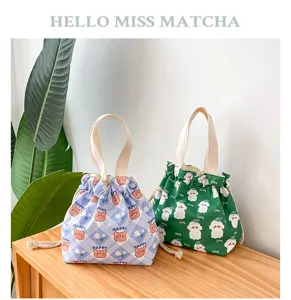 Japanese cartoon cute canvas drawstring bento lunch bag fabric handbag product detail view.