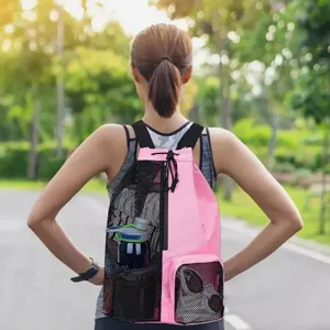 Pink drawstring sports backpack with black mesh pockets for outdoor fitness gym swimming