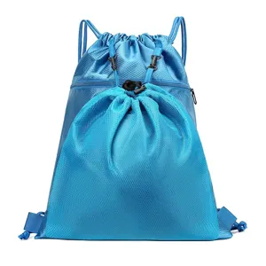 Blauer Kordelzug Sportrucksack Oxford-Stoff wasserdichte Fitnesstasche mit Netztasche.
