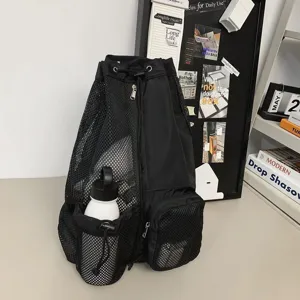 Black drawstring backpack with breathable mesh design, ideal for gym, sports and outdoor travel.