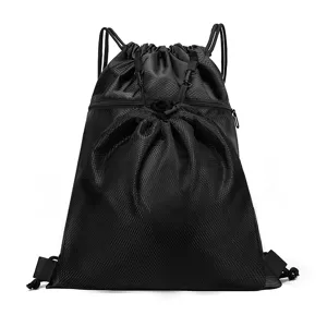 Black waterproof drawstring backpack sports gym bag with mesh front pocket for fitness daily use