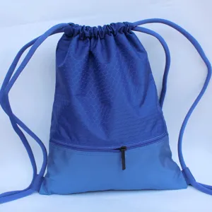 Blue nylon drawstring backpack with honeycomb pattern and front zip pocket for outdoor sports travel.