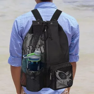 Detail view of black mesh drawstring backpack for outdoor sports, fitness and swimming storage.