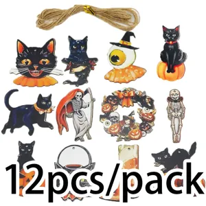 12pcs Halloween wooden hanging pendants set, spooky cat skeleton party DIY decorations.