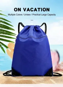 Blue drawstring backpack, waterproof gym sack with front zipper pocket and shoulder straps.