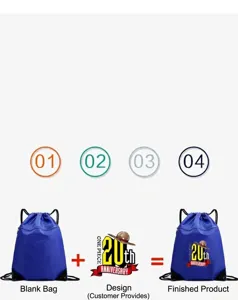 Customizable blue drawstring backpack lightweight sports gym sack with custom print design