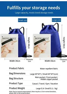 Waterproof drawstring backpack in large and small sizes for travel, sports and casual daily use.