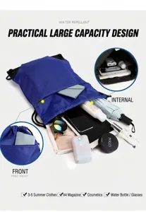 Waterproof blue drawstring backpack detail showing front zipper pocket and large storage.