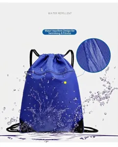 Waterproof drawstring backpack for sports and gym, durable fabric lightweight travel gym sack.