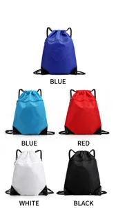 Colorful drawstring backpacks set in deep blue, red, white and black for outdoor use.