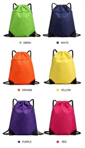 Multicolor drawstring backpack detail view, portable lightweight storage bag for outdoor sports daily use.
