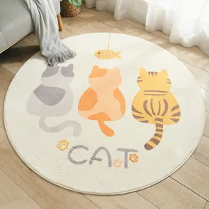 Round imitation cashmere printed rug with cute cat pattern, non-slip floor mat for living room bedroom.