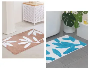 Vue détaillée de tapis de bain tufté, tapis de sol absorbant doux avec motif de feuilles.