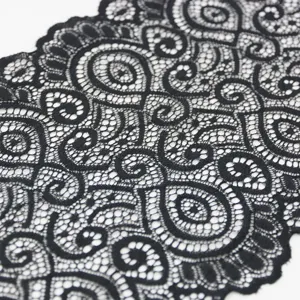 Black elastic lace fabric trim, intricate French hollow floral lace border for DIY sewing.