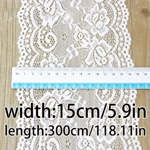 Detailed view of white elastic lace fabric trim, 15cm wide and 300cm long for DIY crafts.