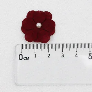 Dark red 5-petal fabric flower patch with faux pearl center, sewing DIY craft accessory.