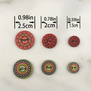 Colorful retro printed wooden buttons with 2 holes, various sizes for sewing and DIY crafts.