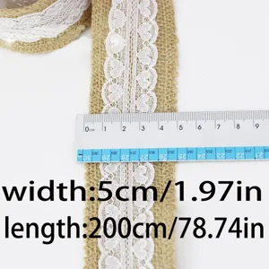 Natural jute burlap ribbon with white lace trim, 5cm width and 200cm length for DIY craft decor.