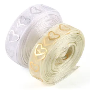 1cm Valentine heart organza ribbon rolls, white and gold wedding gift wrapping DIY craft