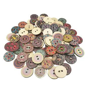 Detailed view of assorted 1.5-2.5cm 2-hole vintage painted wooden buttons for sewing.