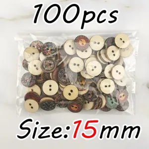 100pcs 15mm Wooden Buttons Vintage Printed Round 2 Holes Sewing Crafting Scrapbooking