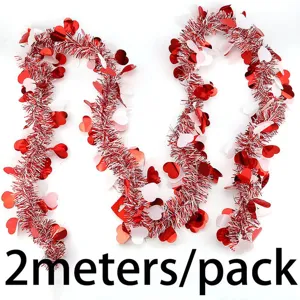 Valentine's Day red white tinsel garland with shiny heart decorations, 2 meters per pack.