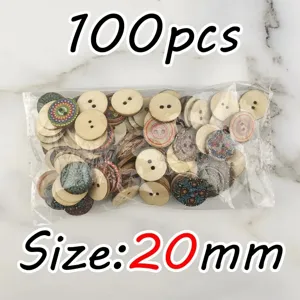100pcs 20mm 2-hole wooden buttons with vintage printed patterns for sewing and crafting.