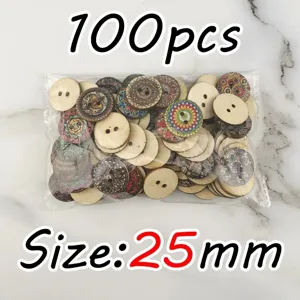 100pcs 25mm round wooden buttons with colorful vintage patterns, 2-hole sewing craft supplies.