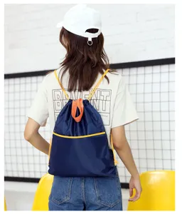 Oxford cloth drawstring backpack, casual outdoor sports travel string bag with front pocket.