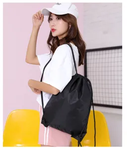 Black Oxford cloth drawstring backpack sports gym casual lightweight travel daypack