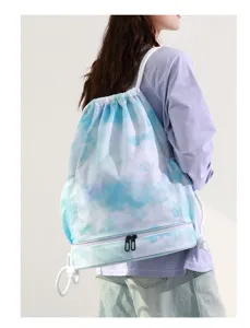 Tie-dye waterproof dry wet separation swimming drawstring backpack for travel and daily use.