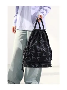 Detailed view of black geometric drawstring swimming backpack with wet compartment for travel.
