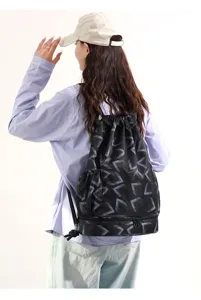 Water-resistant drawstring backpack with geometric pattern, wet dry separation travel bag.