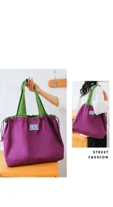 Sac cabas pliable violet et vert avec cordon de serrage, sac de shopping et bandoulière.