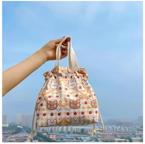 Japanese style cartoon canvas drawstring lunch bag cute bear rabbit pattern portable tote bag