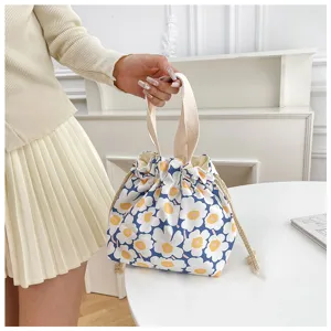 Japanese style cute floral drawstring lunch bag detail, canvas tote pouch for students.