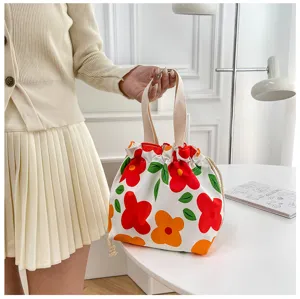 Canvas floral drawstring lunch bag cute aesthetic tote bag for women daily school commute
