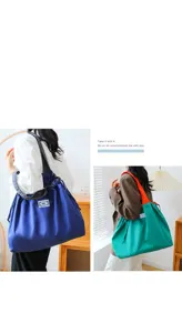 Vue détaillée du grand sac cabas pliable en nylon avec fermeture à cordon pratique.