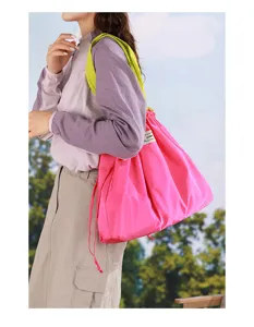 Grand sac cabas de shopping rose pliable de grande capacité avec cordon pour voyage quotidien