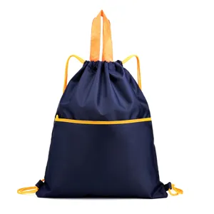 Oxford cloth drawstring backpack with front zipper pocket, casual outdoor travel daypack.